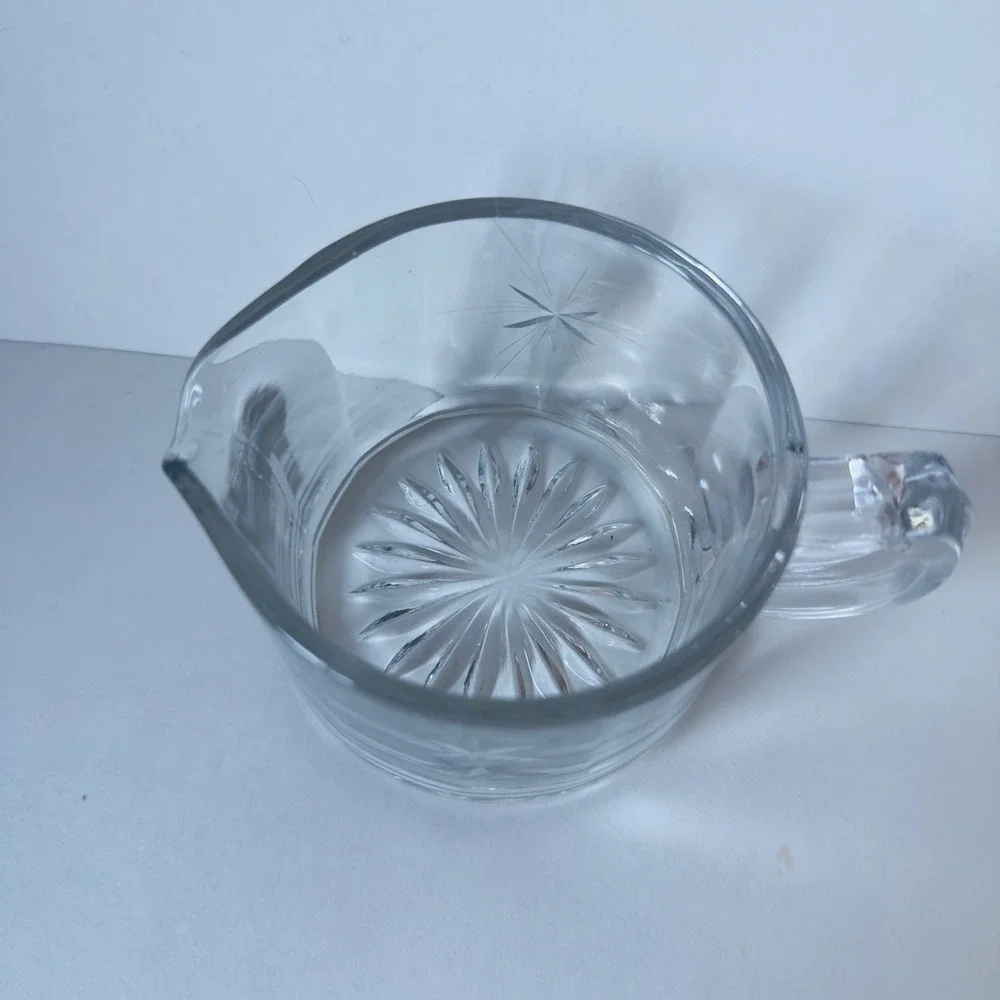 Vintage Clear Etched Glass Cream and Sugar Set Frosted Grape Starburst Base